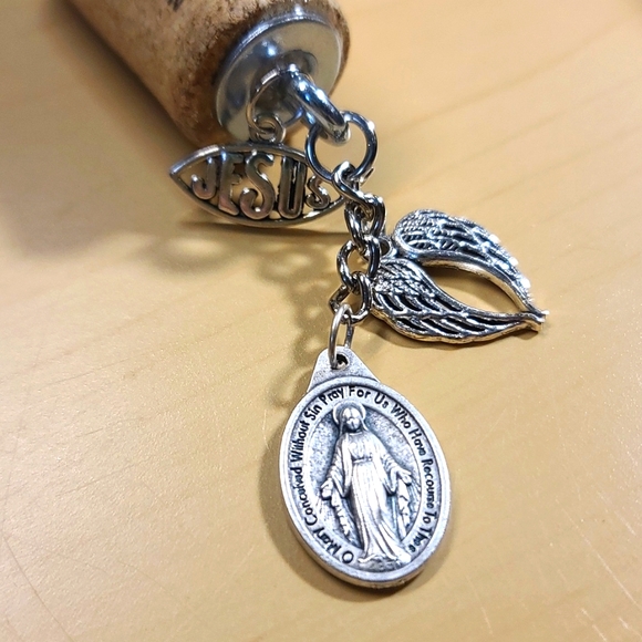 Religious Cork Key Chain - Assorted Christian charms - Converted Wine Cork - Picture 2 of 2